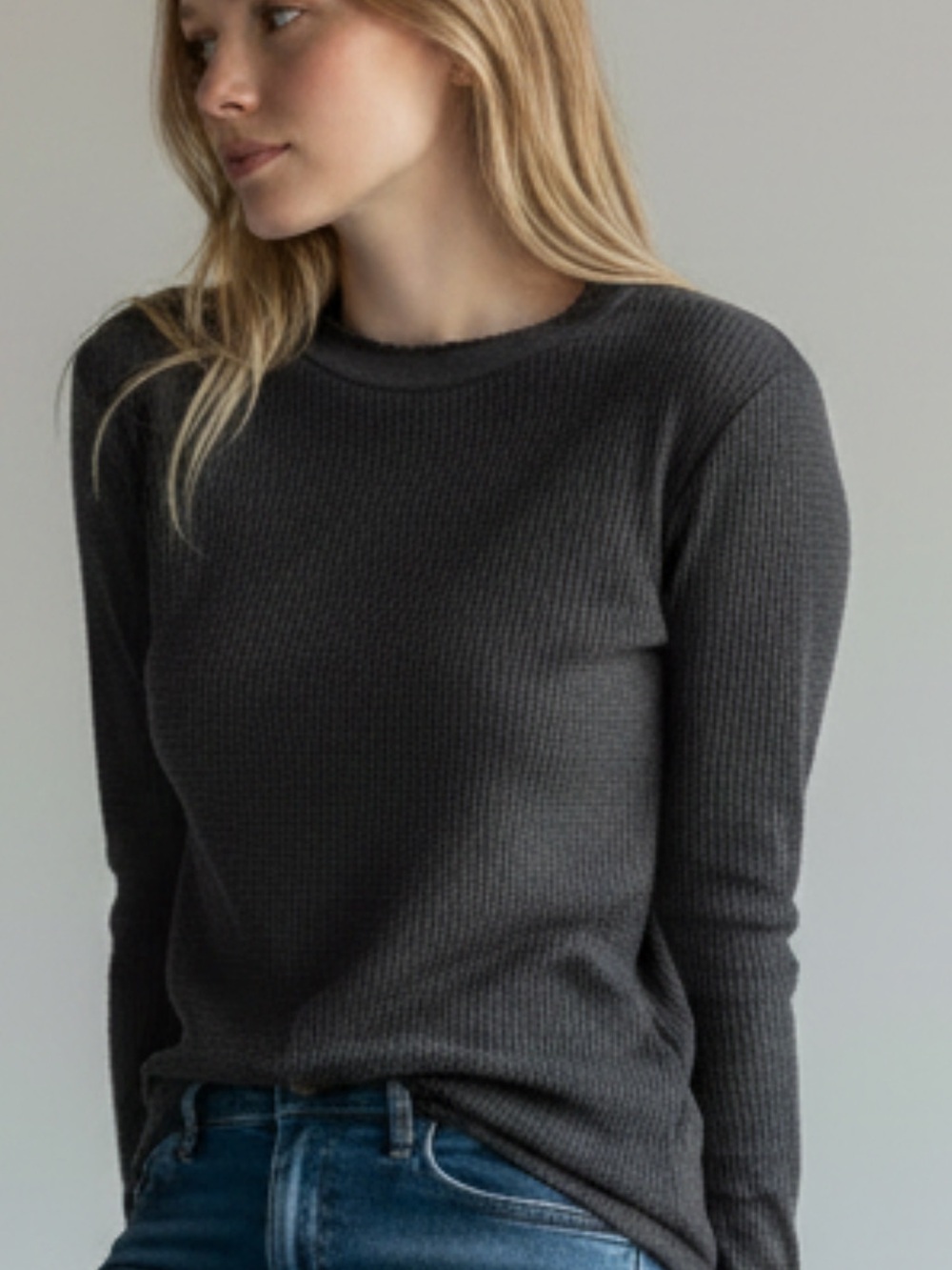 NWT American Eagle Outfitters AE 77 Charcoal Ribbed Crewneck Pointelle